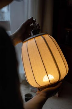 a person holding a lamp in their hand