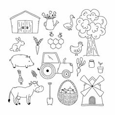 the farm animals are depicted in this black and white drawing, which is part of a coloring page