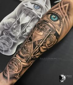 a man with a tattoo on his arm has an hourglass and rose in it