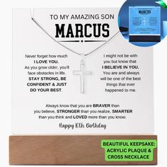 a card with a cross on it that says to my amazing son, marcus