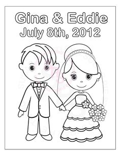 a wedding coloring page with the bride and groom holding hands in front of an announcement