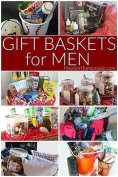 gift baskets for men with the words gifts for men in red, white and blue