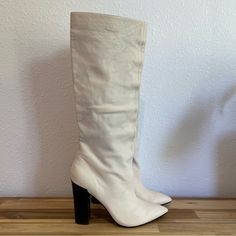 Great Preowned Condition. Some Marks In Pictures White High Heel Boots For Spring, Off White High Heel Spring Boots, Off White High Heel Boots For Spring, Spring Off White High Heel Boots, Chic White Closed Toe Heeled Boots, Chic White Fitted Boots, Chic Fitted White Boots, Elegant White Knee-high Boots, Chic Cream Pointed Toe Heeled Boots