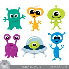 alien clipart with different colors and designs for kids to use on their own projects