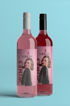 two bottles of wine are shown on a light blue background, one is pink and the other is red