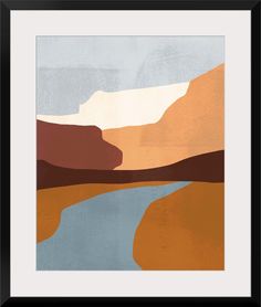 an abstract landscape with water and mountains in the background, framed art print on canvas