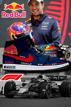 a man holding a helmet next to a red bull shoe and an image of a racing car