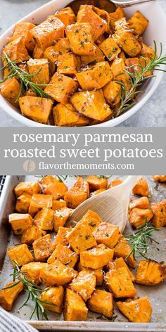 rosemary parmesan roasted sweet potatoes in a baking pan