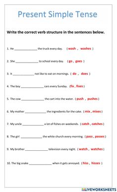 the present simple tense worksheet for students to learn english and spanish with pictures