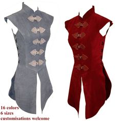 Surcoat for women, made of suede. Ideal for ranger, mercenaries and other fighting parts in fantasy larp. It is closed with buckles on the front and tied at the sides with leather straps, so it is variable in width and offers a comfortable fit.  It is completely handmade  Design by Runa-Rian Other sizes and colors on request Size (cm): XS: Breast 80-84 cm, Waist 62-66 cm, Hip 86-90 cm. S: Breast 84-91 cm, Waist 66-73 cm, Hip 90-97 cm. M: Breast 92-99 cm, Waist 74-81 cm, Hip 98-107 cm. L: Breast Casual Fantasy Clothing, Warrior Outfit, Alt Clothes, Fair Outfits, Fantasy Costumes, Fantasy Clothing, Handmade Design, Character Outfits, Larp