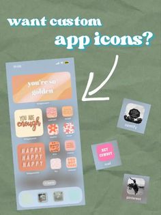 an advertisement with stickers on it that says, what custom app icons?