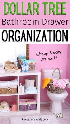 a bathroom with pink walls and white shelves filled with toilet paper, towels and other items