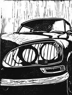 a black and white drawing of a car with the headlights on it's headlight