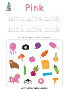 pink worksheet with pictures and words for kids to learn how to write the word pink