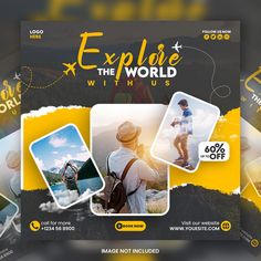 an ad for explore the world with us, including photos and text on it's side