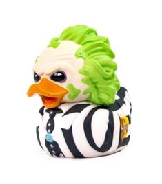 a zebra print rubber duck with green hair