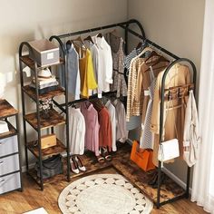 an organized closet with clothes and shoes