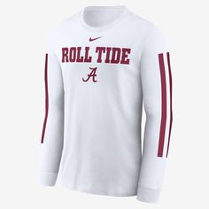 Made with soft cotton fabric for continuous comfort, the Alabama Crimson Tide Local Spirit Slogan T-Shirt puts love for your favorite team front and center in bold graphics. White Jersey T-shirt With Logo Print, Collegiate Crew T-shirt For Fan Gear, Nike Long Sleeve Cotton T-shirt, White Varsity Jersey T-shirt, White Long Sleeve T-shirt For College, Long Sleeve Cotton T-shirt With Team Spirit, White Long Sleeve College T-shirt, White Nike T-shirt For Game Day, White Long Sleeve T-shirt For Sports Season