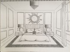 a drawing of a bedroom with a bed and two lamps on either side of the bed