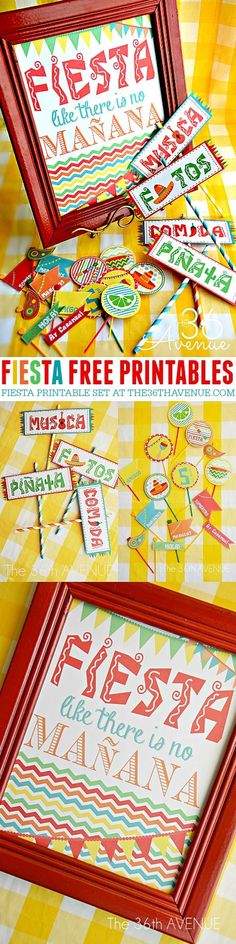 two red frames sitting on top of a yellow and white checkered table cloth with the words fiesta free printables