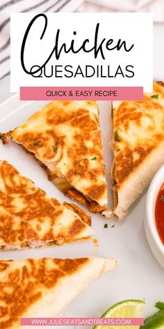 chicken quesadillas on a plate with salsa