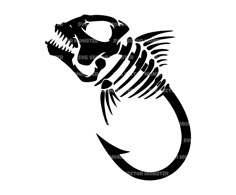 a black and white silhouette of a fish skeleton with an arrow pointing to it's mouth