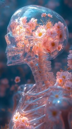 a skeleton with flowers in it's head