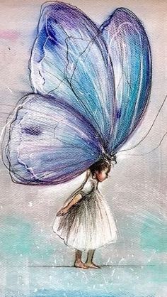 a drawing of a girl holding a blue butterfly on her back with the wings open