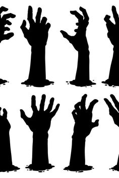 six silhouettes of zombie hands in various positions and sizes, with water dripping from them