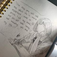 a drawing of a person sitting in front of a notepad with writing on it