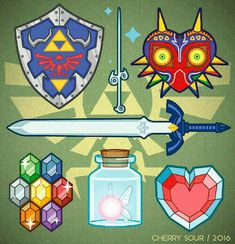 the legend of zelda's emblems and items are featured in this poster