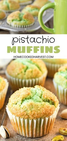 pistachio muffins with green frosting and pistachio chips on the side