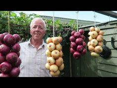 an older man standing in front of some vegetables hanging from the line with his hands