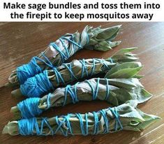 three bundles of blue string tied together on a wooden table