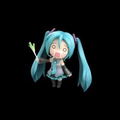 an anime character with blue hair holding a green object in her hand and looking at the camera