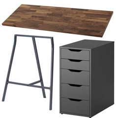 an office desk with three drawers and a metal bar stool next to it on a white background