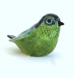 a small green bird sitting on top of a white table