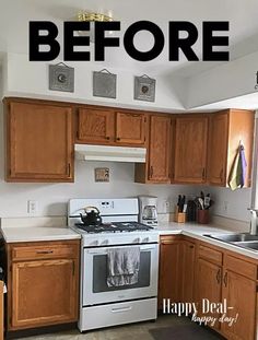 a kitchen with white appliances and wooden cabinets before and after the remodeling