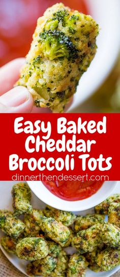 easy baked cheddar broccoli tots on a plate with dipping sauce