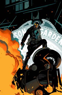 the cover to lobster johnson's comic book get the loster, which features a man on a motorcycle