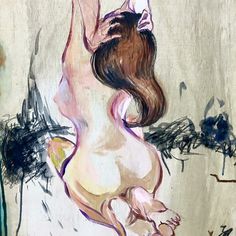 a painting of a woman with her back turned to the side, in pastel colors