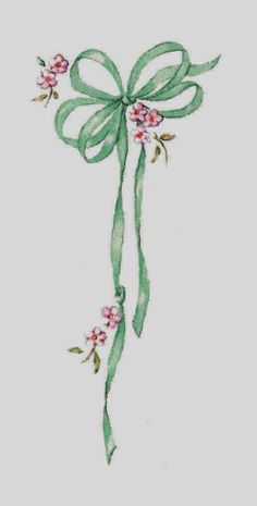 a bow with flowers on it is drawn in watercolor and has green ribbon around the bow