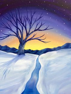 a painting of a snow covered landscape with a tree in the foreground and stars above it