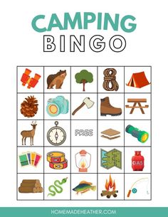 a printable camping game with the words camping bingo on it and images of items that are