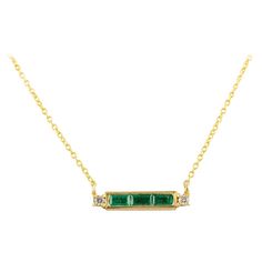 14k Solid Yellow Gold Diamond Emerald Baguette Bar Necklace, Thank You Gift For Sale at 1stDibs Gold Gemstone Necklace, 38th Birthday, Dressy Outfit, Birthday Jewelry, Bar Pendant Necklace, Mother Daughter Gifts, Flower Shoes, Aquamarine Pendant, Turtle Necklace