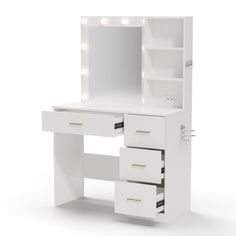 a white vanity with drawers and lights on it