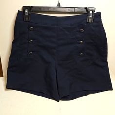 Nwot, H&M Black Sailor Style Shorts, Dark Navy, Size 6 Front Buttons, Back Faux Pockets And Side Zipper Measurements: Approx. 4" Inseam, 13.5" Across Waist Condition: New Navy Shorts With Pockets For Work, Navy Workwear Shorts With Pockets, Navy High-waisted Shorts For Spring, Navy Spring Shorts With Short Inseam, Navy Shorts For Spring With Short Inseam, Navy Shorts With Short Inseam For Spring, Casual Navy Bottoms With Button Closure, Navy Workwear Shorts, H&m Fitted High Rise Bottoms