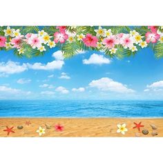 a beach scene with flowers and shells on the sand