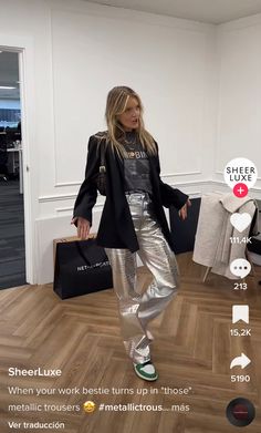 Silver Pants Concert Outfit, Metallic Tank Top Outfit, Sliver Pant Outfit, Metallic Jeans Outfit 2023, How To Style Metallic Pants, Chrome Pants Outfit, Silver Trousers Outfit Women, Silver Metallic Outfit Ideas, Styling Silver Pants