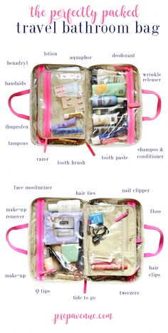 an open travel bag with the contents in it and instructions on how to pack them